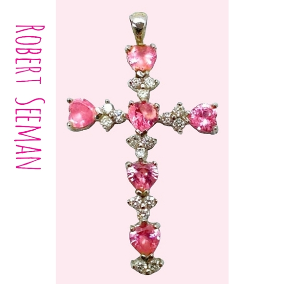 925 Robert Seeman Cross Pendant Pink Heart Cubic Zirconias Denmark VTG - Picture 1 of 15